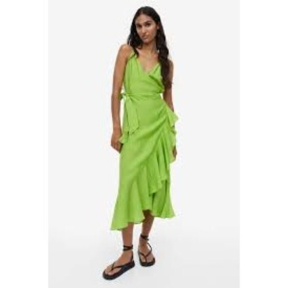 NWT H&M Dress Green Ruffled‎ Wrap Midi Spaghetti Straps Summer Fairy Beachy M